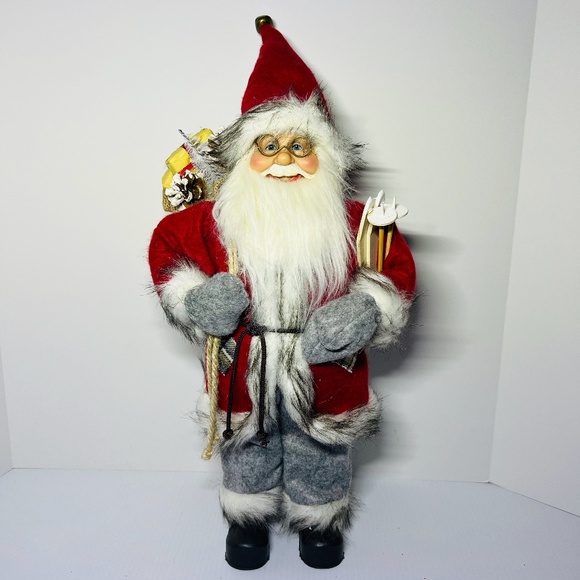Hanna's Handiworks Santa Claus Figure Standing Holding Snow Skis 25" Red & Gray - Picture 1 of 16